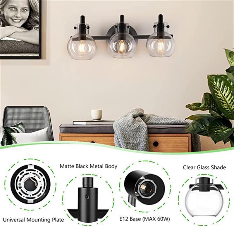 Modern Minimalist 3-Light Wall Sconce Vanity Light with Metal & Glass Ball for Bathroom