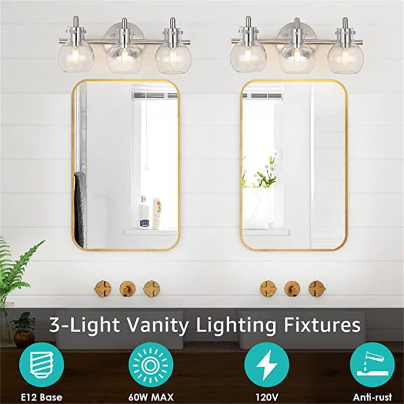 Modern Minimalist 3-Light Wall Sconce Vanity Light with Metal & Glass Ball for Bathroom