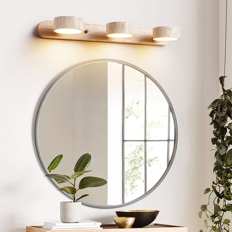 Traditional Japanese Travertine Wood Round Rotating LED Wall Sconce Lamp – Bathroom Vanity Lighting