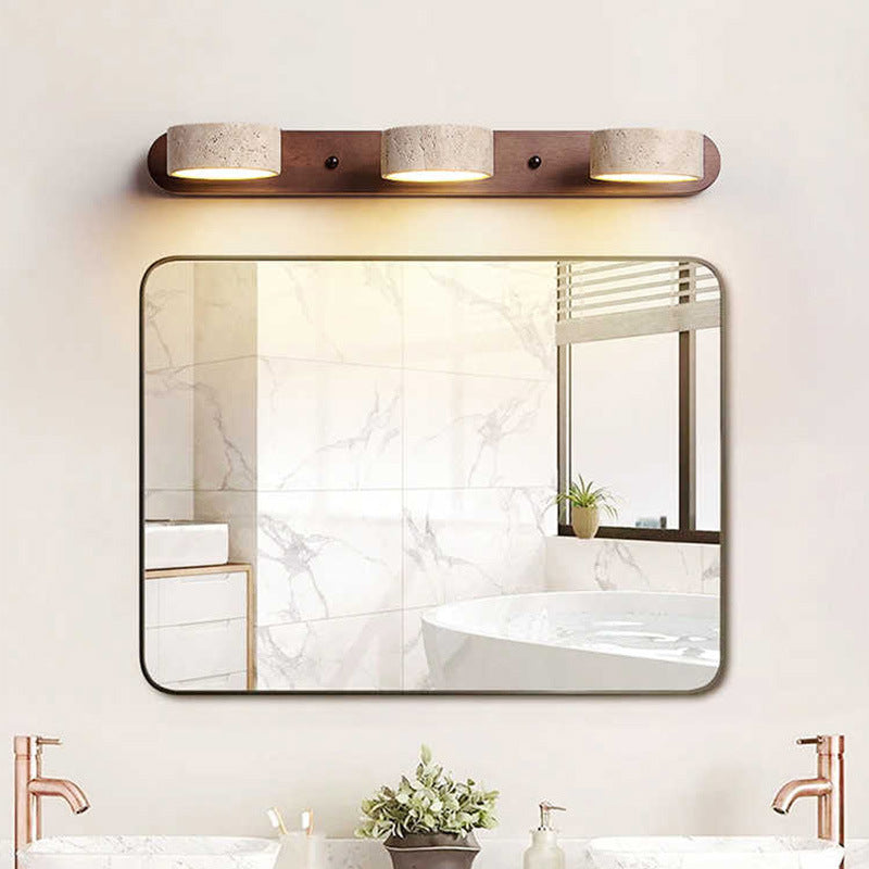 Traditional Japanese Travertine Wood Round Rotating LED Wall Sconce Lamp – Bathroom Vanity Lighting