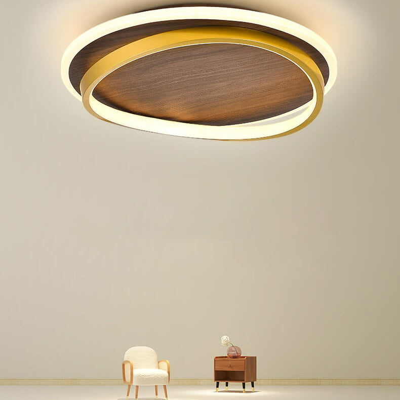 Sleek Nordic Minimalist Circular Walnut-Grain LED Flush-Mount Ceiling Light
