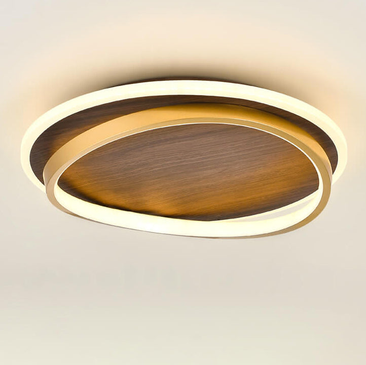 Sleek Nordic Minimalist Circular Walnut-Grain LED Flush-Mount Ceiling Light