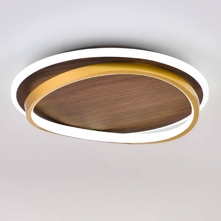 Sleek Nordic Minimalist Circular Walnut-Grain LED Flush-Mount Ceiling Light