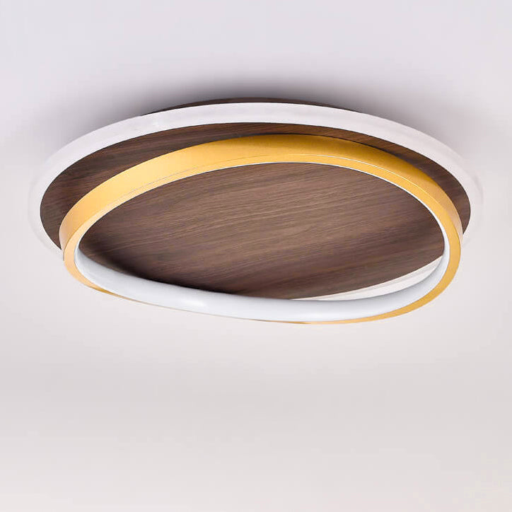 Sleek Nordic Minimalist Circular Walnut-Grain LED Flush-Mount Ceiling Light