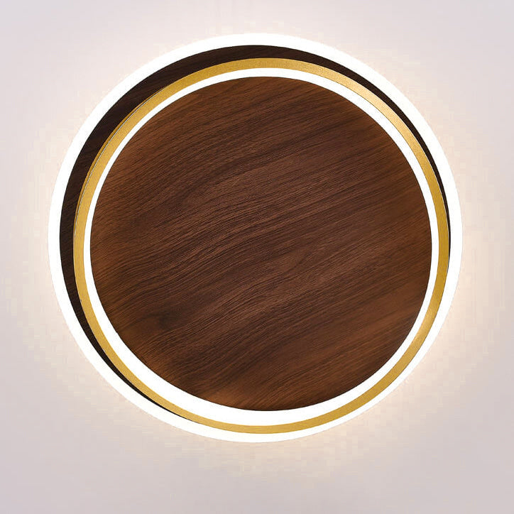 Sleek Nordic Minimalist Circular Walnut-Grain LED Flush-Mount Ceiling Light