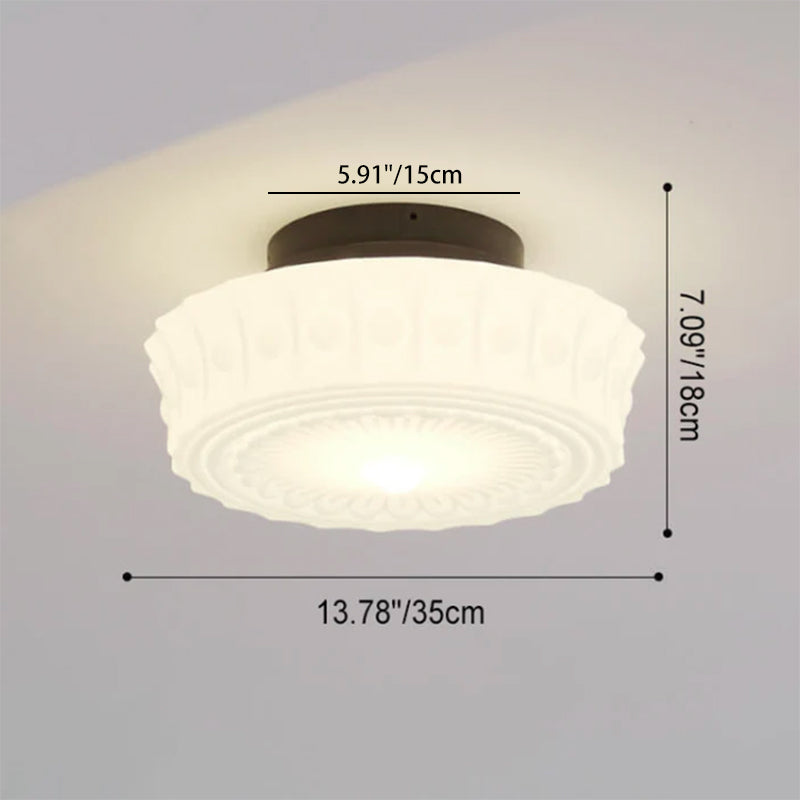 French Vintage White Jade Glass Striped Round Drum LED Semi-Flush Ceiling Light