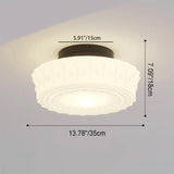 French Vintage White Jade Glass Striped Round Drum LED Semi-Flush Ceiling Light