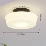 French Vintage White Jade Glass Striped Round Drum LED Semi-Flush Ceiling Light