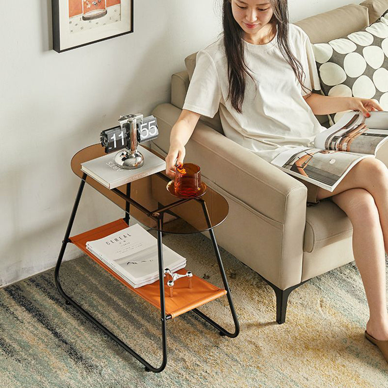 Two-Tier Modern Minimalist Trapezoid Side Table with Tempered Glass, Faux Leather and Steel – Living Room Accent
