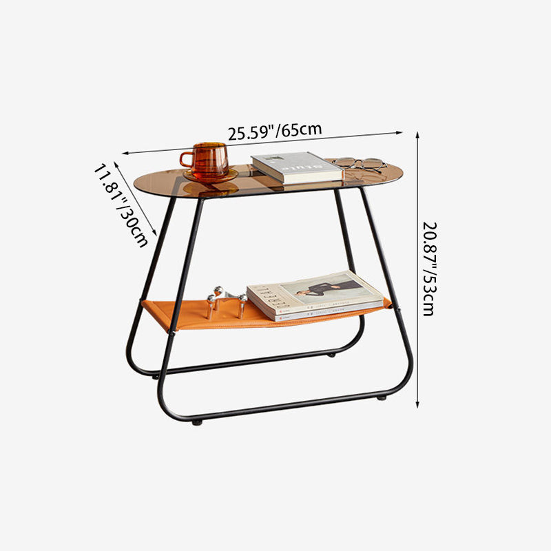 Two-Tier Modern Minimalist Trapezoid Side Table with Tempered Glass, Faux Leather and Steel – Living Room Accent