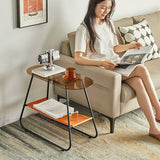 Two-Tier Modern Minimalist Trapezoid Side Table with Tempered Glass, Faux Leather and Steel – Living Room Accent