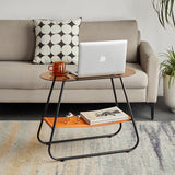 Two-Tier Modern Minimalist Trapezoid Side Table with Tempered Glass, Faux Leather and Steel – Living Room Accent