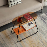 Two-Tier Modern Minimalist Trapezoid Side Table with Tempered Glass, Faux Leather and Steel – Living Room Accent
