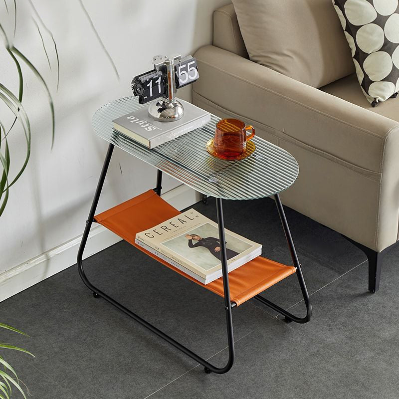 Two-Tier Modern Minimalist Trapezoid Side Table with Tempered Glass, Faux Leather and Steel – Living Room Accent
