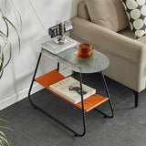 Two-Tier Modern Minimalist Trapezoid Side Table with Tempered Glass, Faux Leather and Steel – Living Room Accent