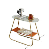 Two-Tier Modern Minimalist Trapezoid Side Table with Tempered Glass, Faux Leather and Steel – Living Room Accent
