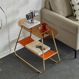 Two-Tier Modern Minimalist Trapezoid Side Table with Tempered Glass, Faux Leather and Steel – Living Room Accent