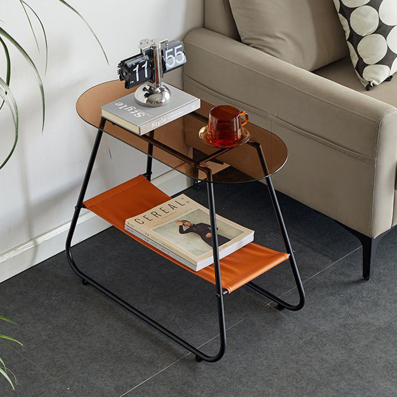Two-Tier Modern Minimalist Trapezoid Side Table with Tempered Glass, Faux Leather and Steel – Living Room Accent