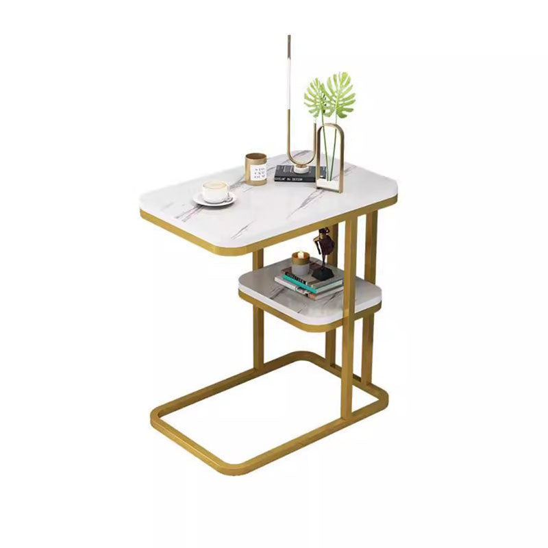 Modern Minimalist Rectangular Marble-Pattern MDF and Steel Side Table, 1/2-Tier Design for Living Room