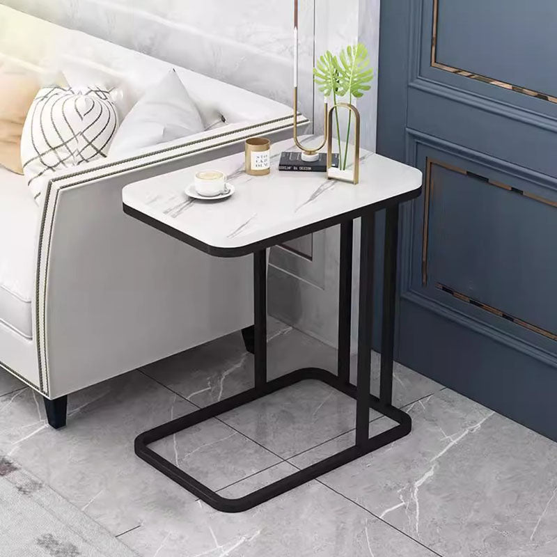 Modern Minimalist Rectangular Marble-Pattern MDF and Steel Side Table, 1/2-Tier Design for Living Room