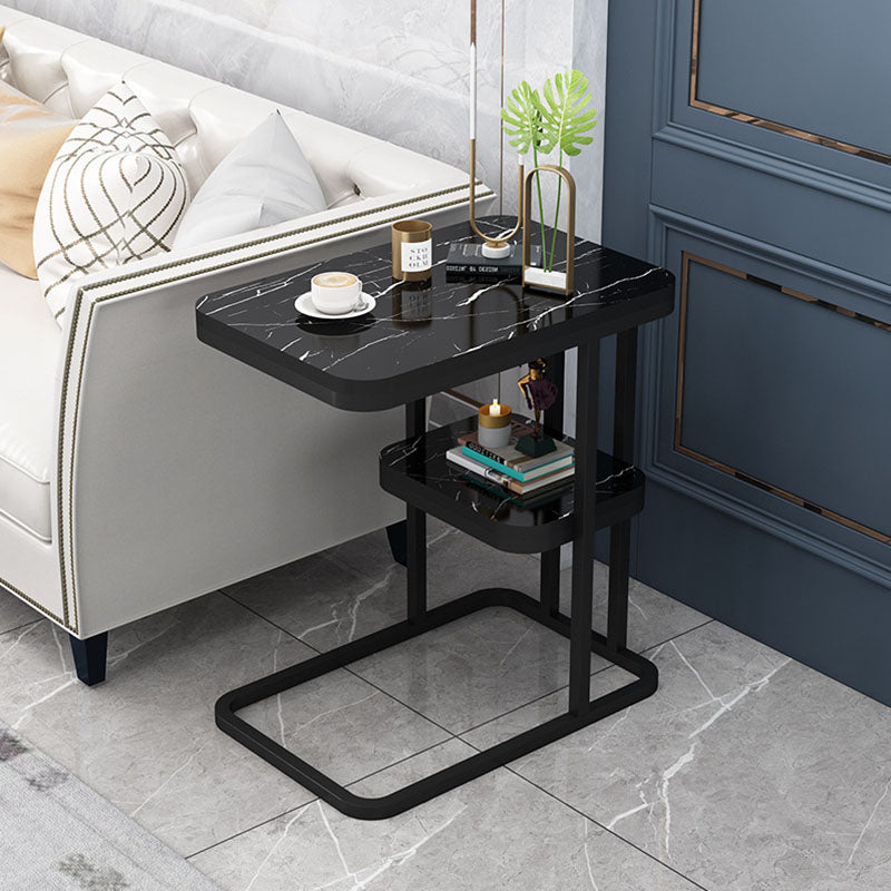 Modern Minimalist Rectangular Marble-Pattern MDF and Steel Side Table, 1/2-Tier Design for Living Room