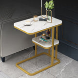 Modern Minimalist Rectangular Marble-Pattern MDF and Steel Side Table, 1/2-Tier Design for Living Room