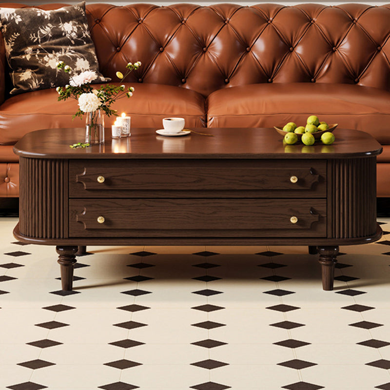 Traditional French-Style Rectangular Ash Wood Coffee Table with 2 Drawers — Solid Wood and Multi-Layer Plywood Construction for Living Room
