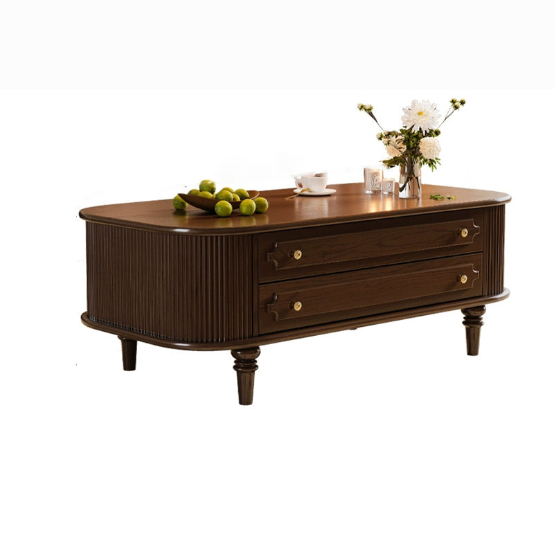 Traditional French-Style Rectangular Ash Wood Coffee Table with 2 Drawers — Solid Wood and Multi-Layer Plywood Construction for Living Room