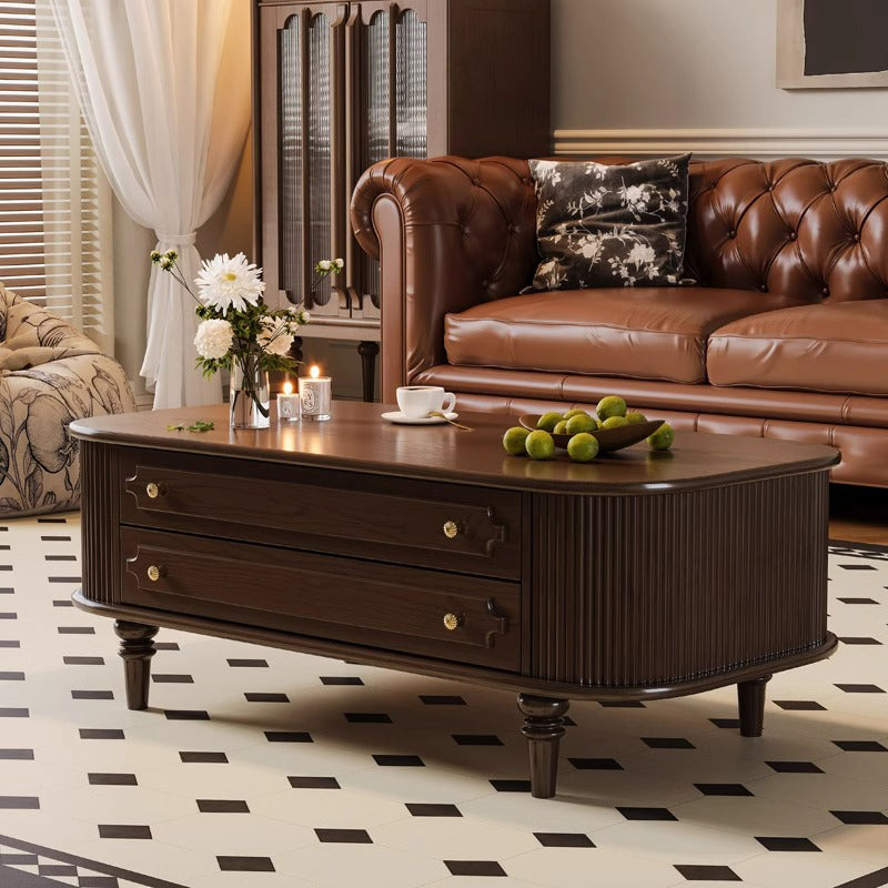 Traditional French-Style Rectangular Ash Wood Coffee Table with 2 Drawers — Solid Wood and Multi-Layer Plywood Construction for Living Room