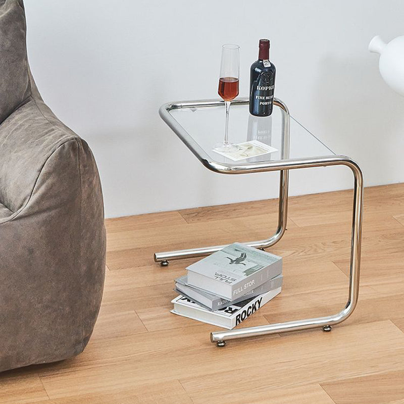 Modern Minimalist Rectangular Tempered-Glass Side Table with Iron Frame, 1-Tier for Living Room
