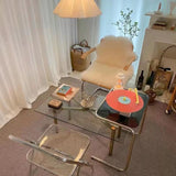 Modern Minimalist Rectangular Tempered-Glass Side Table with Iron Frame, 1-Tier for Living Room