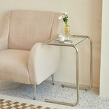 Modern Minimalist Rectangular Tempered-Glass Side Table with Iron Frame, 1-Tier for Living Room