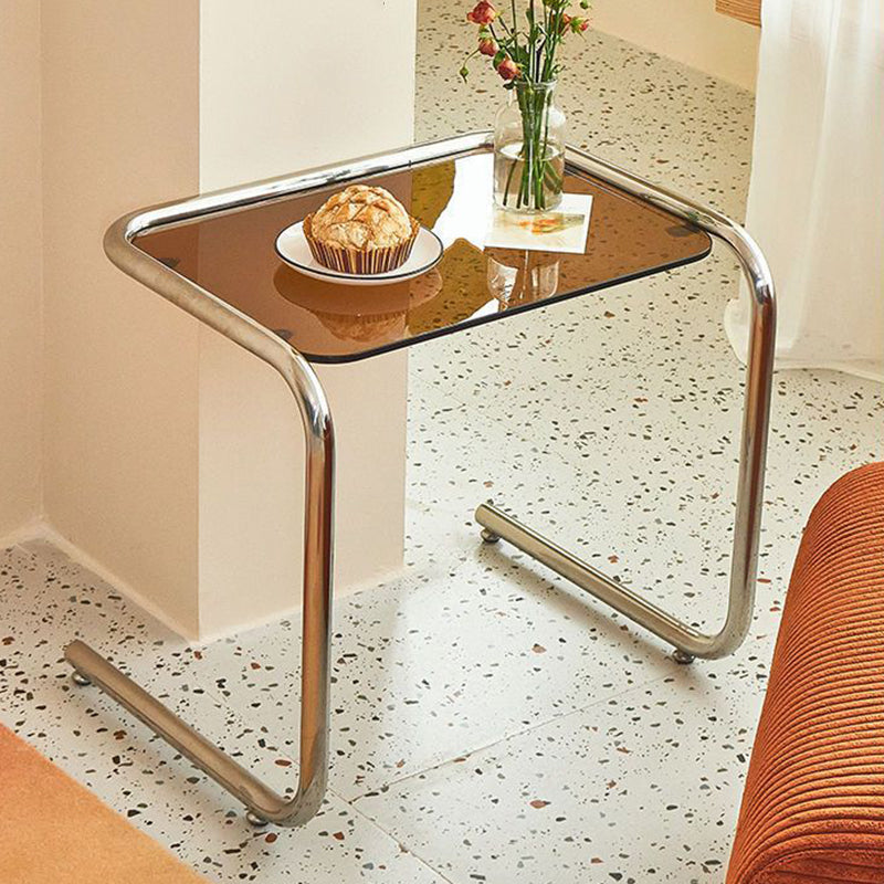Modern Minimalist Rectangular Tempered-Glass Side Table with Iron Frame, 1-Tier for Living Room