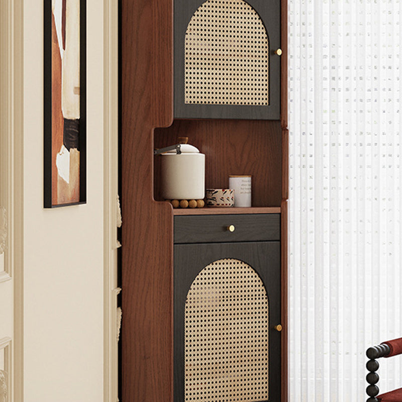 Traditional Japanese Corner Shelf Unit, Rectangular MDF and Rattan with Solid Wood Accents, 2 Cabinets for Living Room
