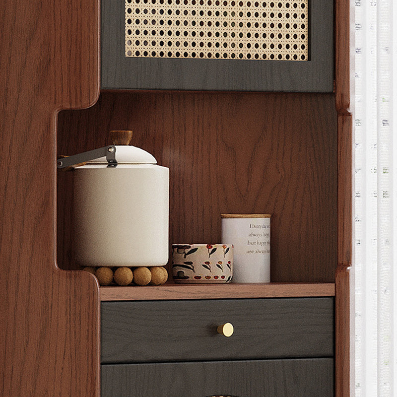 Traditional Japanese Corner Shelf Unit, Rectangular MDF and Rattan with Solid Wood Accents, 2 Cabinets for Living Room