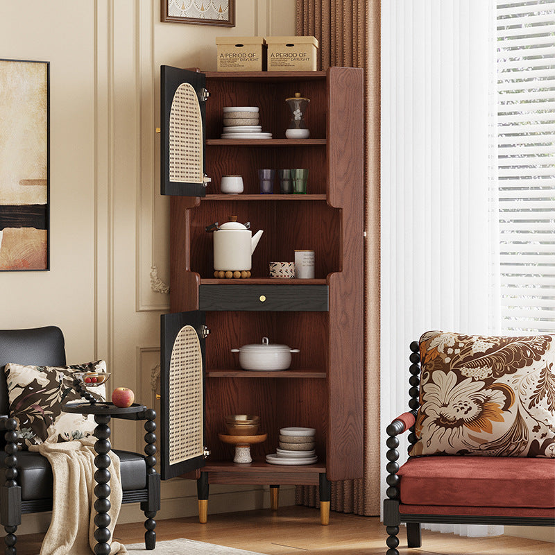 Traditional Japanese Corner Shelf Unit, Rectangular MDF and Rattan with Solid Wood Accents, 2 Cabinets for Living Room