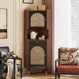 Traditional Japanese Corner Shelf Unit, Rectangular MDF and Rattan with Solid Wood Accents, 2 Cabinets for Living Room
