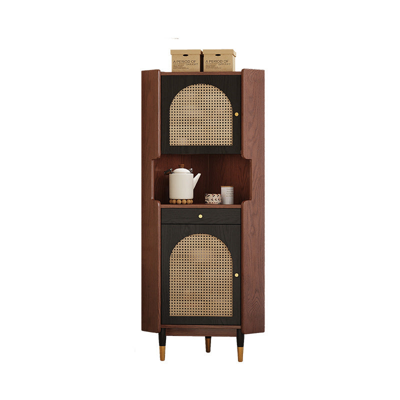 Traditional Japanese Corner Shelf Unit, Rectangular MDF and Rattan with Solid Wood Accents, 2 Cabinets for Living Room