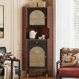Traditional Japanese Corner Shelf Unit, Rectangular MDF and Rattan with Solid Wood Accents, 2 Cabinets for Living Room