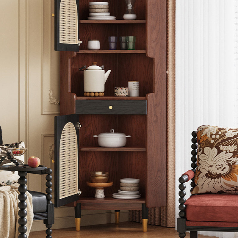 Traditional Japanese Corner Shelf Unit, Rectangular MDF and Rattan with Solid Wood Accents, 2 Cabinets for Living Room