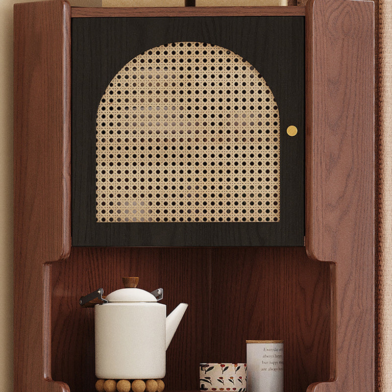 Traditional Japanese Corner Shelf Unit, Rectangular MDF and Rattan with Solid Wood Accents, 2 Cabinets for Living Room
