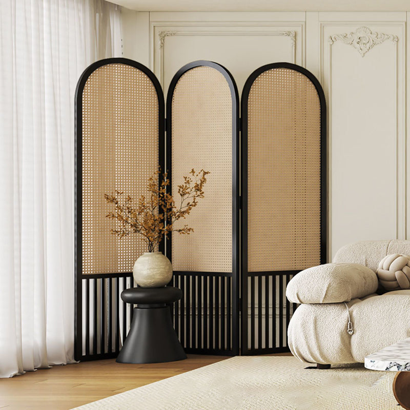 Traditional French-Arched Pine Wood Room Divider with Plastic Rattan Panels for Living Room