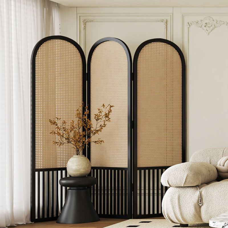 Traditional French-Arched Pine Wood Room Divider with Plastic Rattan Panels for Living Room