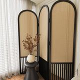 Traditional French-Arched Pine Wood Room Divider with Plastic Rattan Panels for Living Room