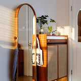 Modern Minimalist Arched Full-Length Mirror with Stainless Steel Frame, North American Cherry Wood & Black Walnut Accents, Multi-Layer Plywood Glass, 4-Tier Design for Bedroom