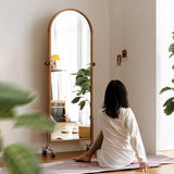 Modern Minimalist Arched Full-Length Mirror with Stainless Steel Frame, North American Cherry Wood & Black Walnut Accents, Multi-Layer Plywood Glass, 4-Tier Design for Bedroom