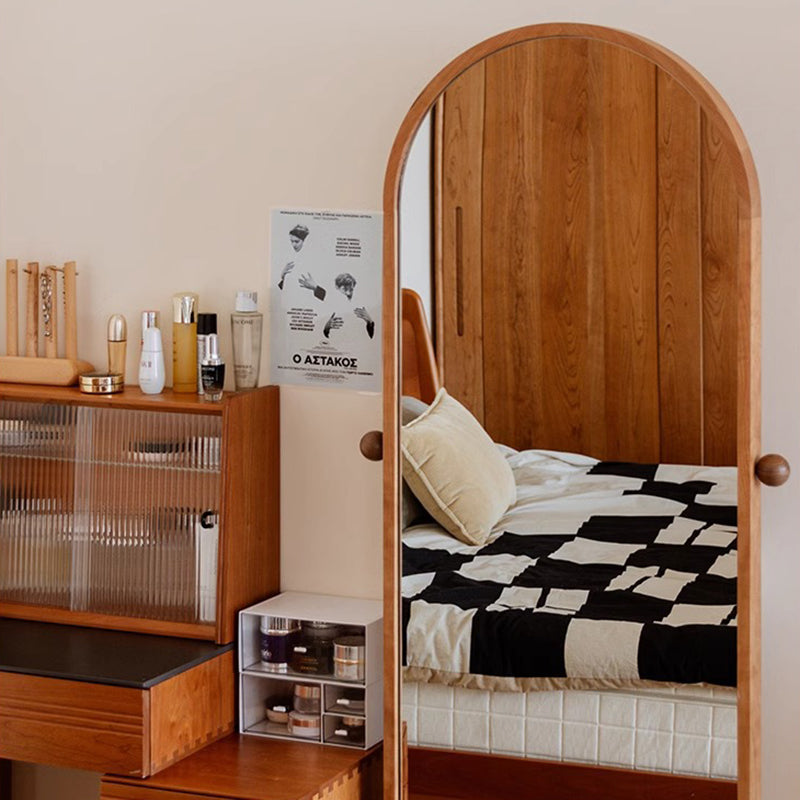 Modern Minimalist Arched Full-Length Mirror with Stainless Steel Frame, North American Cherry Wood & Black Walnut Accents, Multi-Layer Plywood Glass, 4-Tier Design for Bedroom