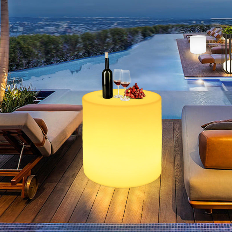 Modern Minimalist Cylindrical PE Outdoor LED Coffee Table - Waterproof, Remote-Controlled, Illuminated, 1-Tier for Patio