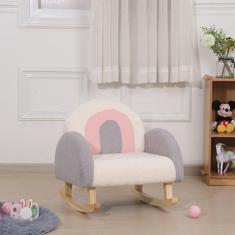Modern Rainbow Teddy Plush Rocking Chair for Kids — Solid Wood, Backrest & Armrests, Ideal for Living Room
