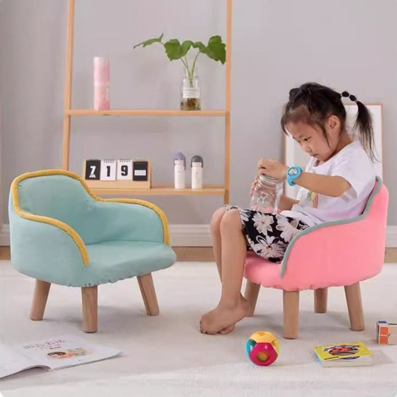 Contemporary Curved Kids' Linen-Cotton Accent Chair with Solid Wood Frame, Backrest and Armrests for Living Room